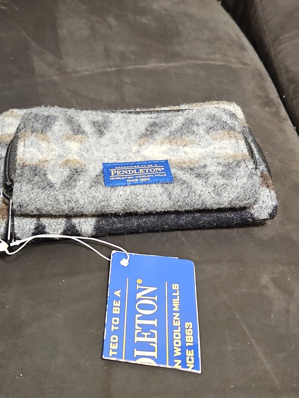 Pendleton Gray and Black Wool Zip Wallet with Blue Label
